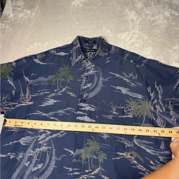 Nautica Men’s Linen Blend Tropical Button Down Hawaiian Blue Collared Shirt M - Picture 7 of 12